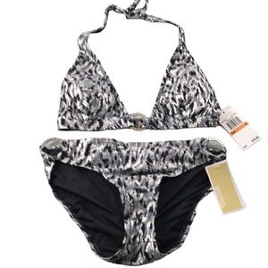 Michael Kors Chain Ring Halter Bikini Metallic Leopard Size S New